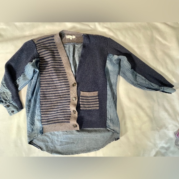 Gilded Intent Pieced Denim Cardigan Sweater Navy Gray Denim - Picture 7 of 11
